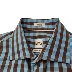 Peter Millar Men's Blue and Brown Check Button Down Shirt "Seaside Finish" Large